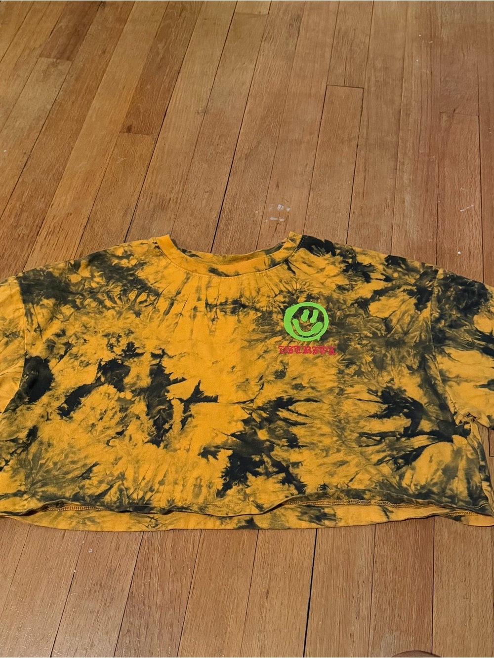 Tie-Dye Orange & Black Cropped Tee with Neon Smiley